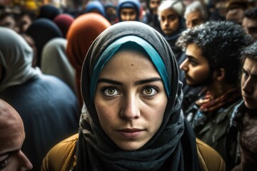 Fototapeta premium Muslim woman at a middle eastern city street market looking at the camera. generative AI