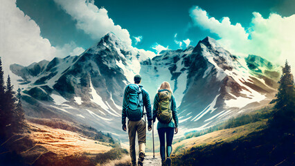 Fototapeta premium hiker hiking to mountain, mountain landscape