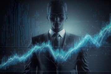 Abstract Illustration zum Thema Chart, Finanzen und Börse. Cyber-Charts mit holografischem Bildschirm. Mysteriöser Businessmann als Geist oder Robotersoftware  APP als Banker - KI generiert - obrazy, fototapety, plakaty