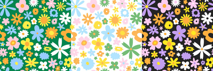 Colorful retro flower bed seamless pattern set. Vintage scandinavian art style floral background print collection. Spring nature wallpaper texture, beautiful cartoon garden backdrop.