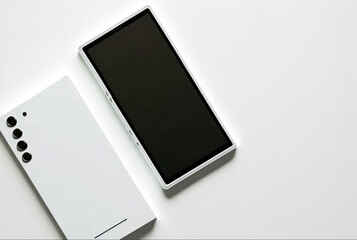 a smartphone mobile phone mockup, top view, white color, black screen. Generative AI