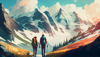rear view of a couple hiking in the nature,  winter mountain landscape