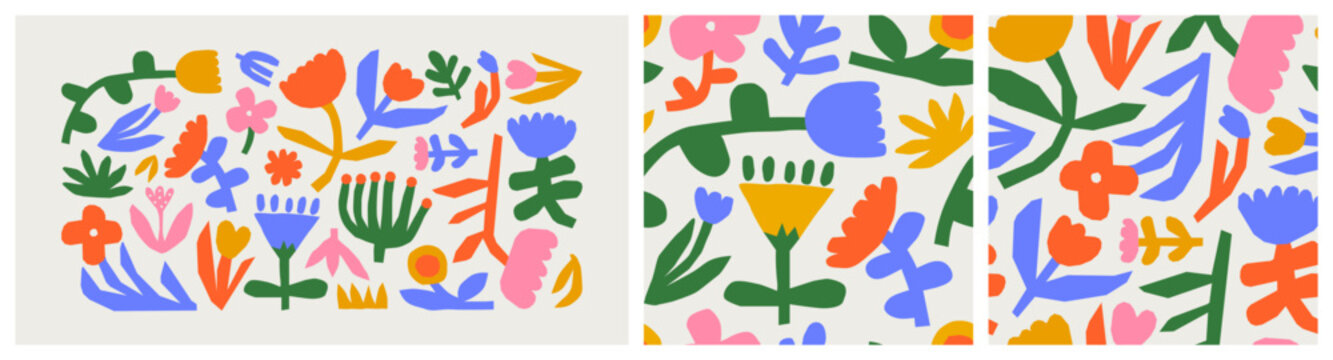 Abstract colorful flower drawing illustration set. Funny children art style floral doodle cartoon pattern collection, hand drawn basic nature shapes on isolated background.