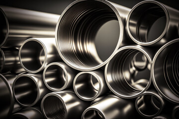 Heap of shiny metal steel pipes with selective focus - Generative AI