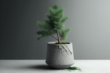 Against a gray background, a pine tree branch is in a concrete flowerpot. copy space and a banner empty backdrop for a presentation of a natural product. Generative AI