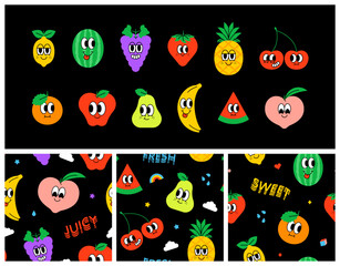 Set of trendy happy fruit seamless pattern in vintage cartoon style. Retro summer tropical fruits background. Character label illustration collection. Funny colorful food mascot print.