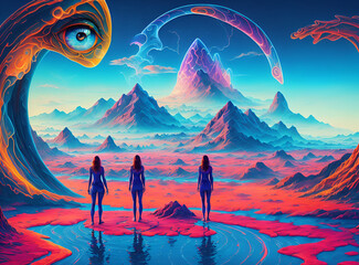 Colorful psychic waves of three women entering dreamland world. AI Generative Illustrations - obrazy, fototapety, plakaty