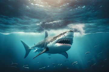 A great white shark flowing through the ocean while hunting. AI generated