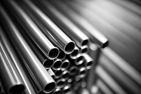 Heap of shiny metal steel pipes with selective focus - Generative AI