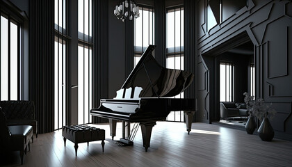 modern black home interior with a black grand piano, generative ai