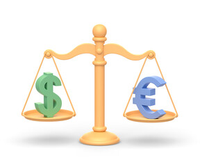 Realistic 3d icon of scales with euro to dollar currency symbols