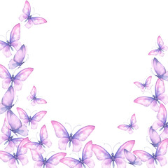 Watercolor illustration with delicate butterflies are pink, purple flying in the stream. For the design and decoration of frames, banners, postcards, certificate