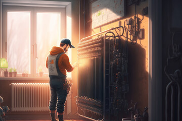 Man installing a room's heating radiator while wearing work overalls and a wrench. a young plumber installing the apartment's heating system. Concept for plumbing projects, installing radiators, and h