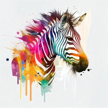 Drawing Zebra Portrait Paint Watercolor Vibrant Colors Generative AI