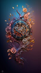 Whimsical Colorful Clock with Tree Branches and Leaves