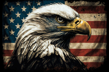 Patriotic illustration with an eagle portrait on the background of the United States flag in vintage style. Generative ai