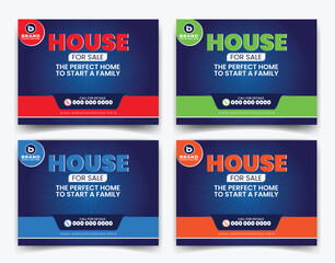 Real estate home sale business company yard sign, signage design vector template for outdoor advertising multiple color concept red, green, blue and orange