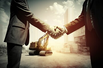 Obraz premium business people shaking hands at construction site, generative ai