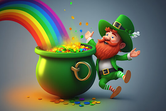 Happy St. Patrick's Day Concept With Leprechaun, Gold Pot And Rainbow. Cartoon Character. Pot Full Of Gold Coins At The End Of A Rainbow. Ai Illustration, Fantasy Digital Painting