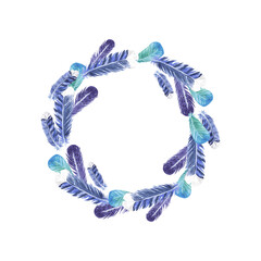 Fototapeta na wymiar Round frame of blue feathers isolated on a white background. Watercolor illustration. A wreath of bird feathers. The drawing is suitable for greeting cards, invitations, covers, design, decoration.