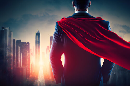 Successful businessman savior in business suit with a superhero red cape stands proudly against the backdrop of the skyscrapers of the business district of metropolis. Back view. Generative AI