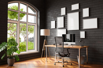 comfortable workplace with pc on wooden desk in office at home; bright sunlight from side large window and wall; canvas copy space;  remote work freelance; 3D Illustration