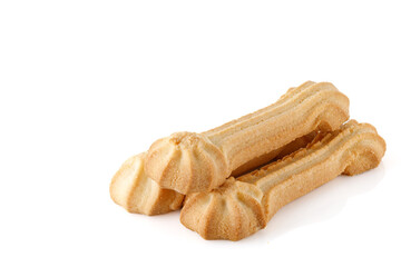 Pile of shortbread cookies isolated on white background. Close up.