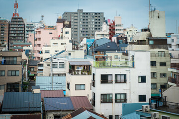 Tokyo Shitamachi and crowded urban homes closely built together