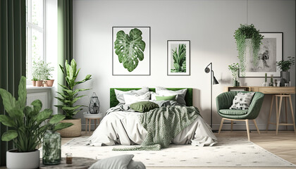 Modern home interior bedroom with green accents, Scandinavian style
