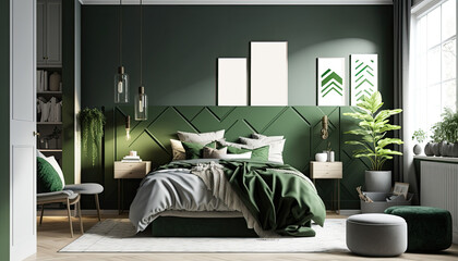 Modern home interior bedroom with green accents, frame mockup, Scandinavian style