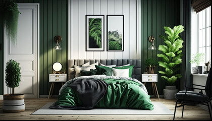 Modern home interior bedroom with green accents, Scandinavian style