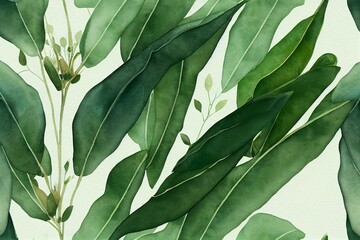 Naklejka na ściany i meble watercolor drawing.seamless border, frame of eucalyptus leaves. delicate illustration, green eucalyptus leaves print. Generative AI