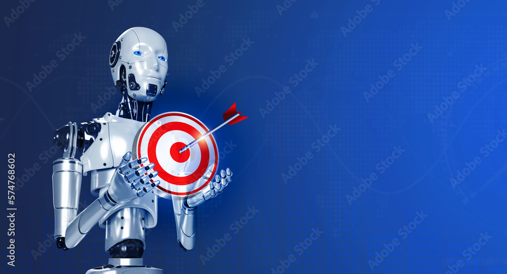 Poster 3d rendering smart robot showing virtual red business target icon, holding by hands with digital dat