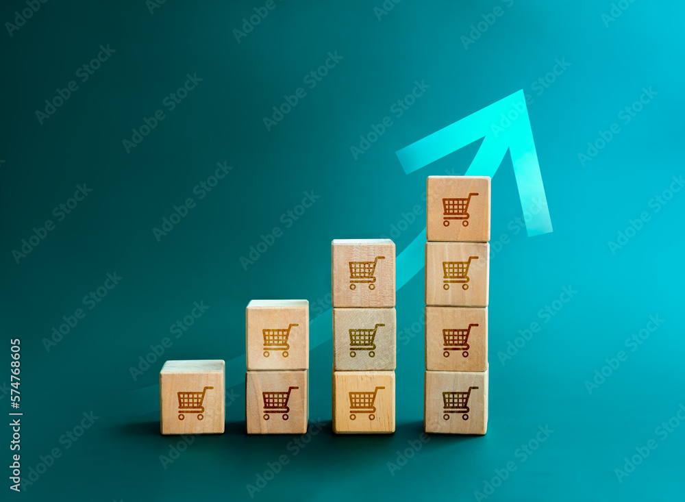 Poster shopping trolley cart icon symbol on wooden cube blocks bar graph chart steps with rising up arrow o