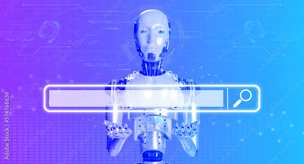 Aufkleber 3d rendering robot showing virtual hologram of search engine bar with empty space for searching with