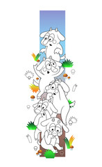 Five goats. Coloring book. Outline drawing. Characters with different emotions. Colored elements. Grass and mushrooms. Sticker.