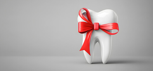 White healthy human tooth with red gift ribbon on isolated background with copy space. Concept dental oral health. Generation AI
