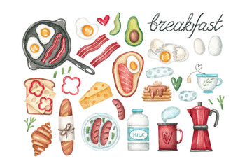 A collection with breakfast food: eggs, bread, bacon, cheese and milk. Watercolor illustration. Set. Coffee and tea. Good morning. Menu. Cafe and restaurant. Art. Design. Handmade work. Tasty. 