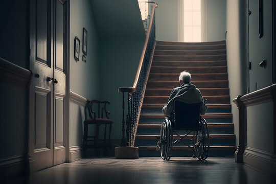 Old senior man in wheelchair in front of stairs. Concept problem life of disabled. Generation AI