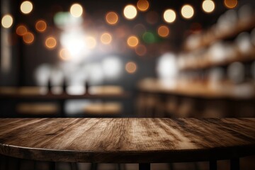 Use this image of a bokeh filled coffee shop with a blurred, brown wooden table as the focal point of a photomontage or advertisement. Generative AI