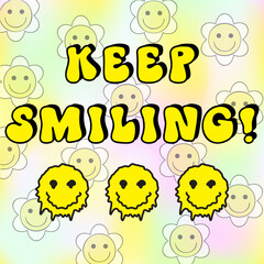 Fototapeta premium Modern smiling faces like daisy. Retro emoji. 70's Groovy positive illustration. Slogan Print with groovy flowers for graphic t shirt or sticker poster. Vector. Keep smiling.