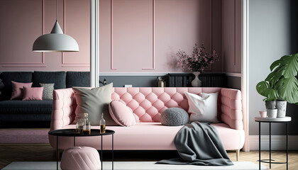 Modern home interior bedroom with pink accents, large sofa, picture