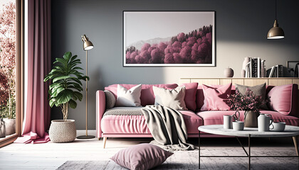 Modern home interior bedroom with pink accents, large sofa, picture