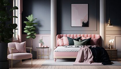 Modern home interior bedroom with pink accents, large sofa, picture