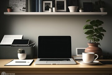 Home office workspace with laptop, stationery, and decorations, clipping path. Generative AI