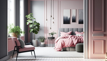 Modern home interior bedroom with pink accents, large sofa, picture
