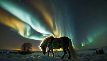 Fototapeta na wymiar horse iceland landscape nature aurora borealis northern light winter night 