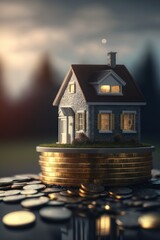 Buying a house: Miniature residential house standing on the piles of coins.