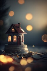 Fototapeta na wymiar Buying a house: Miniature residential house standing on the piles of coins.
