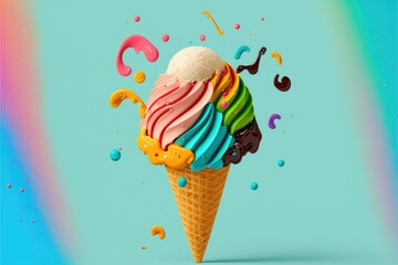 Ice cream in waffle cone with colorful splashes on blue background